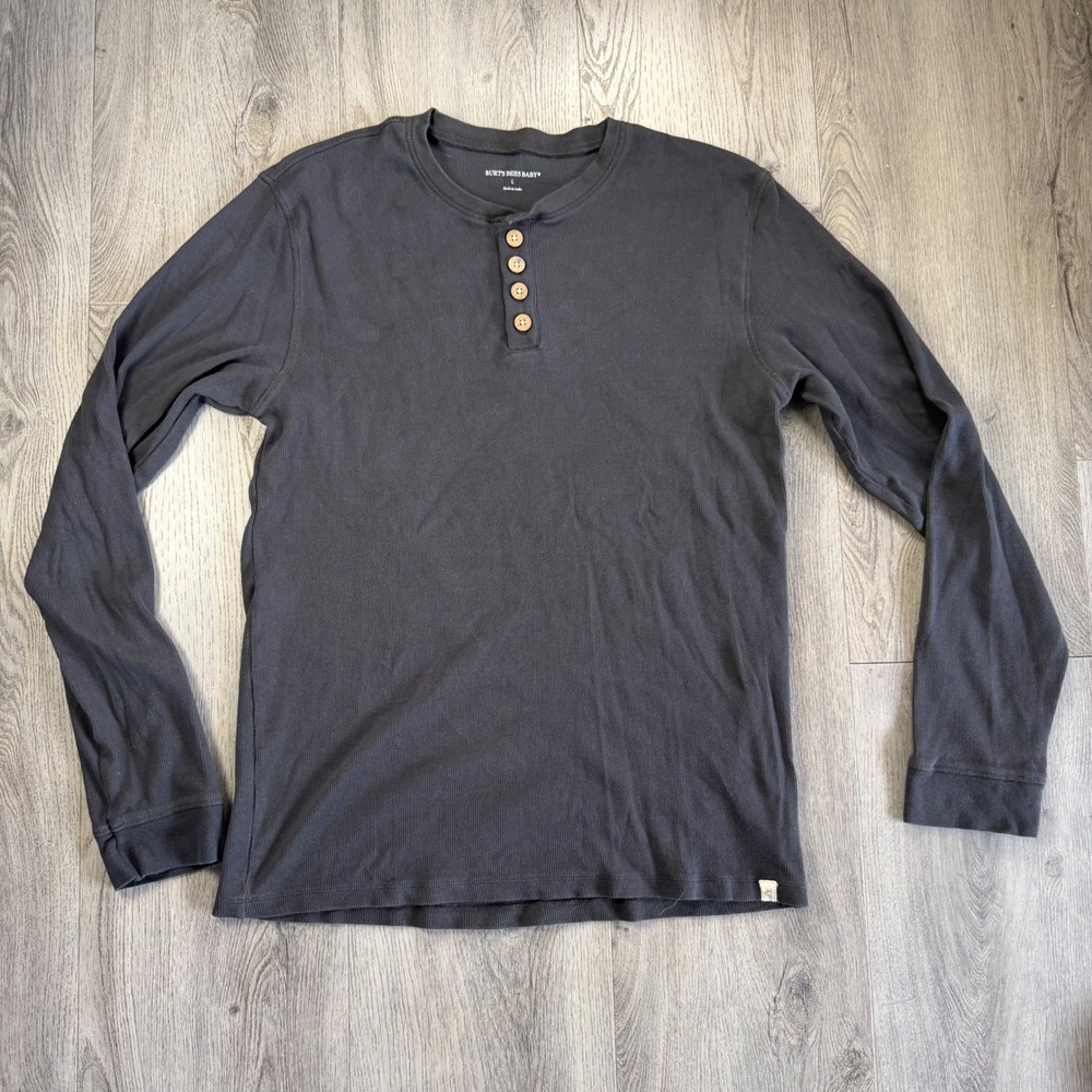 Burts Bees Baby Mens L Organic Cotton Henley Long Sleeve Shirt Charcoal Gray